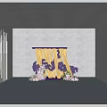 Elegant Floral Art Installation With Purple Frame Yellow Curtains And Purple Pink Floral Arrangements